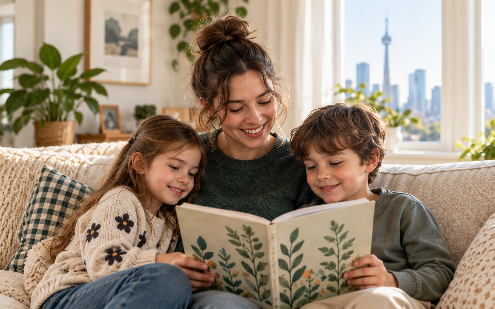 Babysitter reading a book with two children on a sofa.